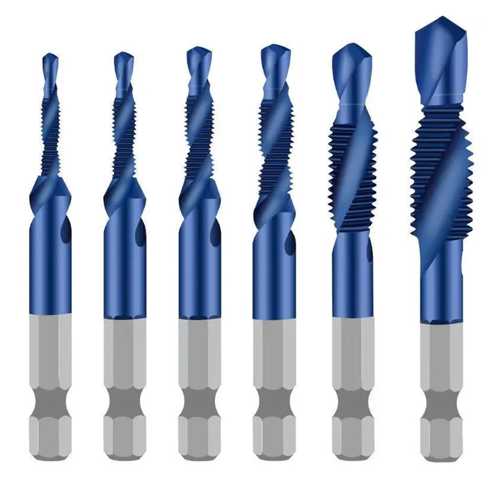 6pcs Screw Tap Drill Bits Hss Taps Countersink Deburr Set Metric Combination Bit High Speed Steel 1/4 in Quick Change Hex M3-M10