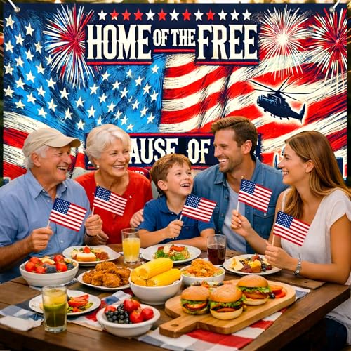 Image of BlissYard 4th of July Backdrop Banner 8x6ft Home of the Free Because of the Brave Patriotic Veterans Tribute American Flag Decorations for Memorial Day Veterans Day Independence Day