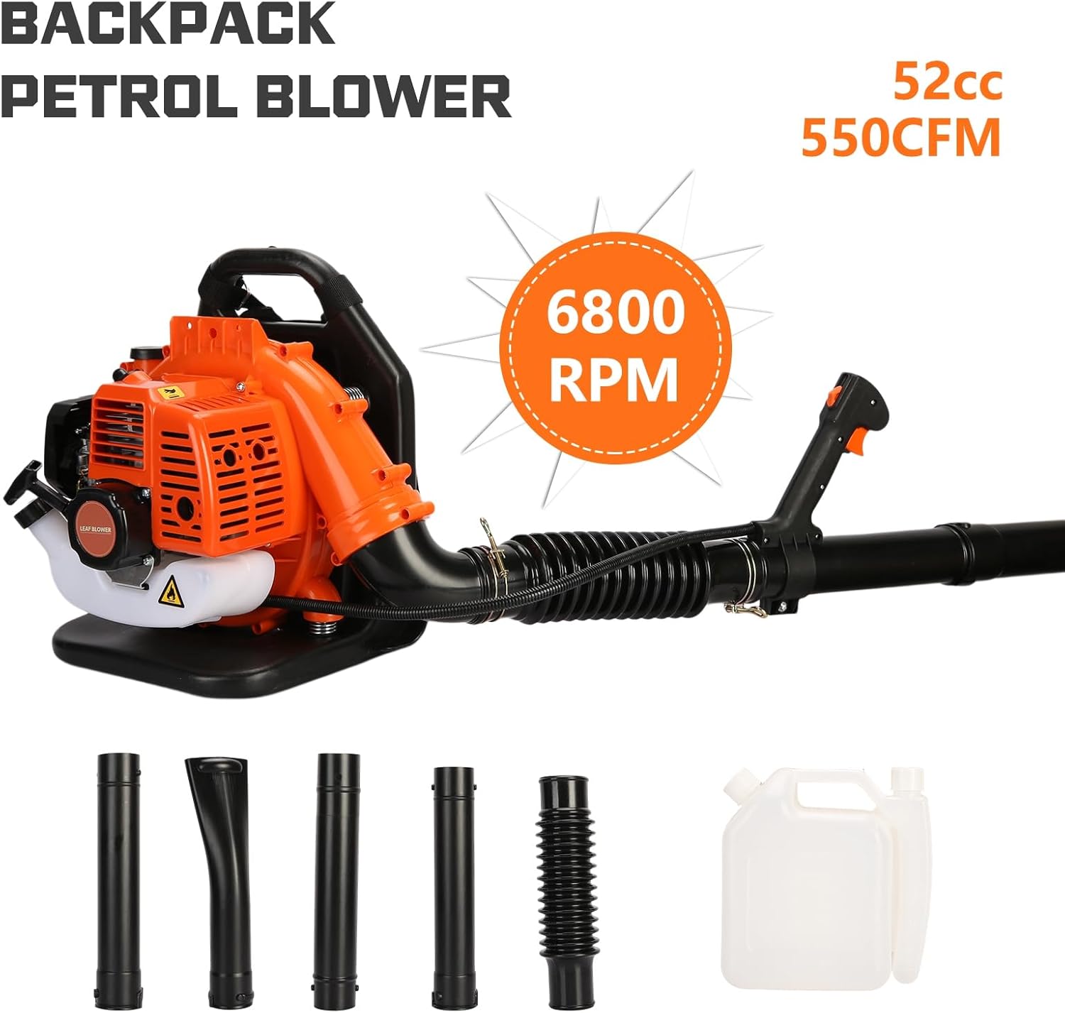 52CC Backpack Leaf Blower, 2 Stroke Engine Powerful Snow Blower with Strong Wind Force & ABS Material, Portable Outdoor Maintenance Blower for Garden & Yard Cleaning Orange
