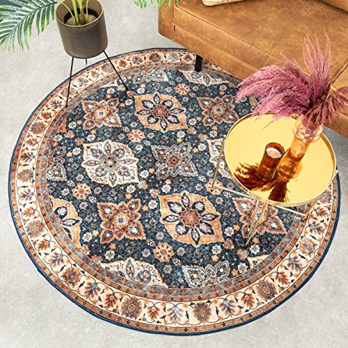 Runder Teppich 180 Cm – Orientalisches Muster, Rutschfeste Unterseite, Waschbar, Für Wohnzimmer & Schlafzimmer