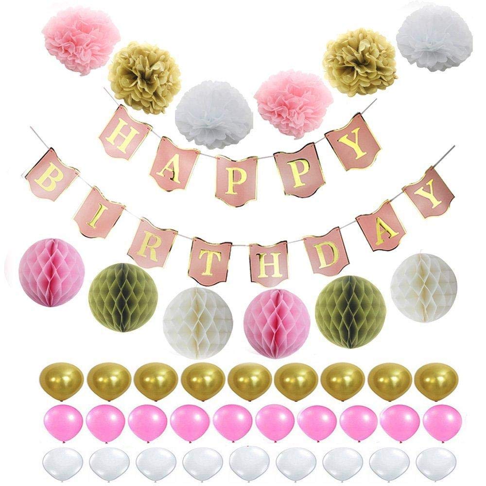 40 PICS Several Patterns Happy Birthday Banner Tissue Paper Flowers Pom Poms Set Wedding Party Festival Decoration