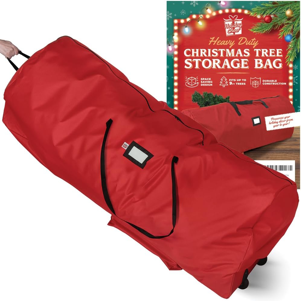Holiday Cheer Christmas Tree Storage Bag with Wheels  Heavy Duty Christmas Tree Bag Fits Up to 9ft Tall Artificial Christmas Tree, Waterproof, Durable Handles & Zipper  Xmas Tree Storage Bag (Red)