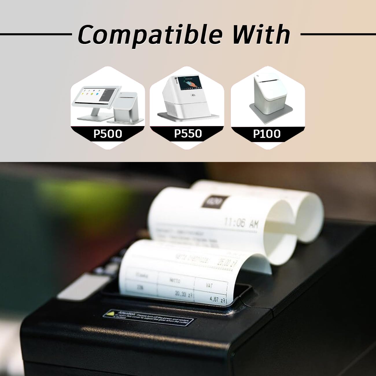BAM POS Rollos de papel térmico de 3 1/8 x 190 pulgadas, rollo de recibos grande, compatible con estaciones Clover Stations, P100, P550, SCP700, estaciones cuadradas (30 rollos por caja)