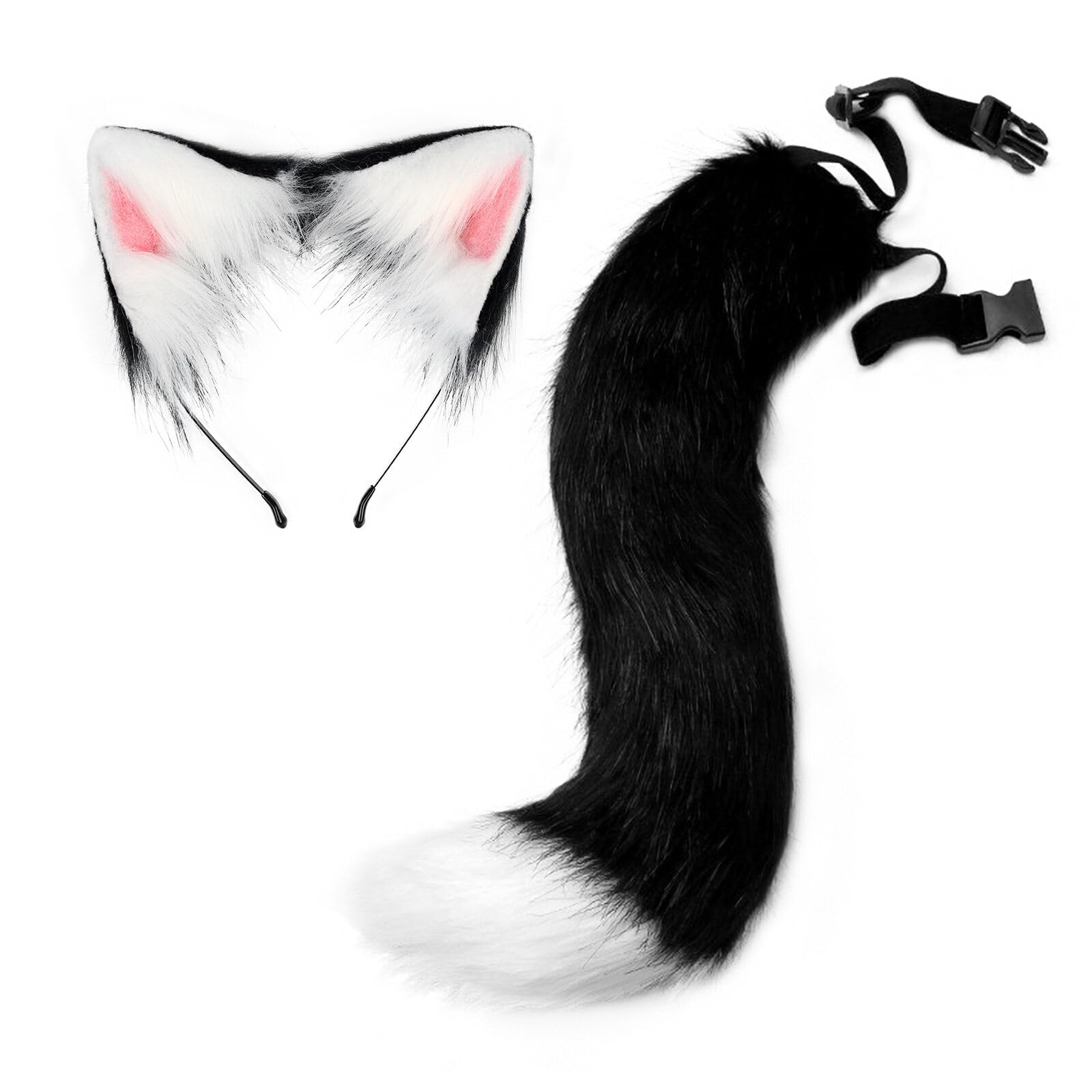 Uposao Tail and Ears Set Long Fox Tail Cosplay Faux Fur Furry Fox Wolf Tail Kit with Ears for Anime Fancy Dress Party Halloween Christmas Dress Up Carnival Role Play
