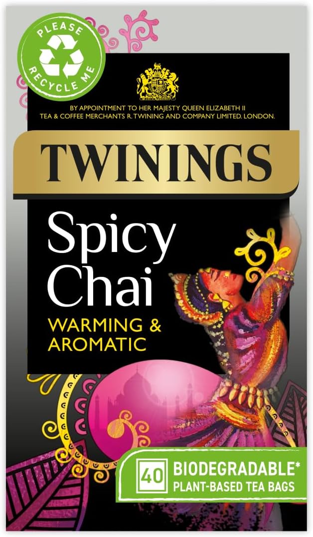 Spicy Chai Tea Warming & Aromatic Black Tea Spices of Cinnamon, Clove & Ginger with Assam Tea Base, 40 Biodegradable Tea Bags