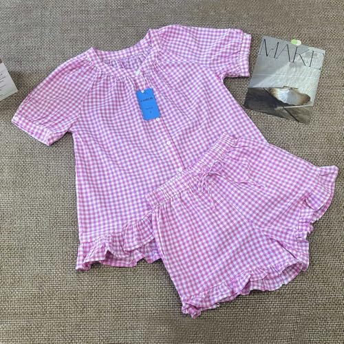 Image of codcm Womens 2 Piece Ruffle Pajama Set Gingham Pjs Short Sleeve Babydoll Shirt and Shorts Plaid Summer Outfits