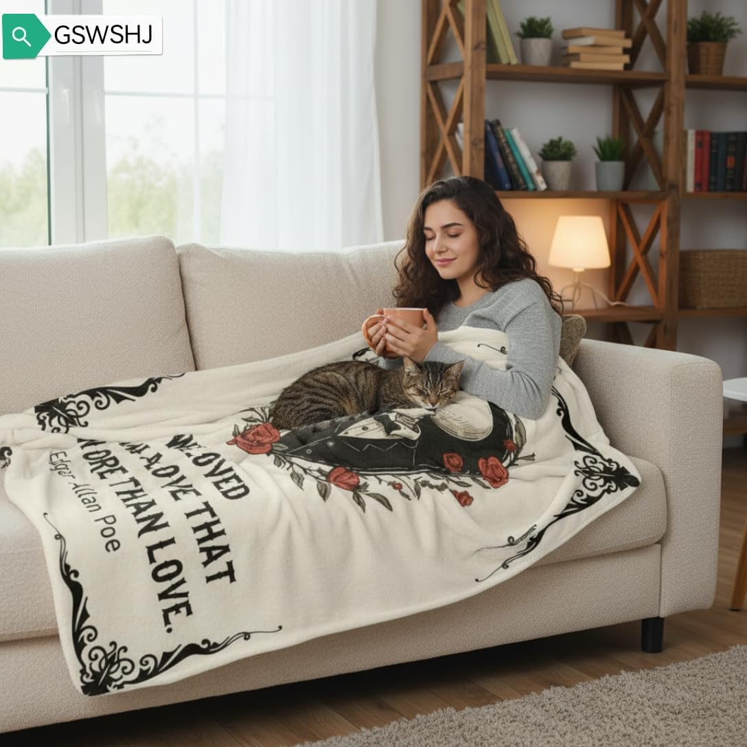 “Edgar Allan Poe” Romantic Gothic Blanket for Couples - Skull Lovers Flannel Throw 60x50, Dark & Poetic Valentine‘s for Wife Husband, Unique Gift for Book Lovers - Image 7