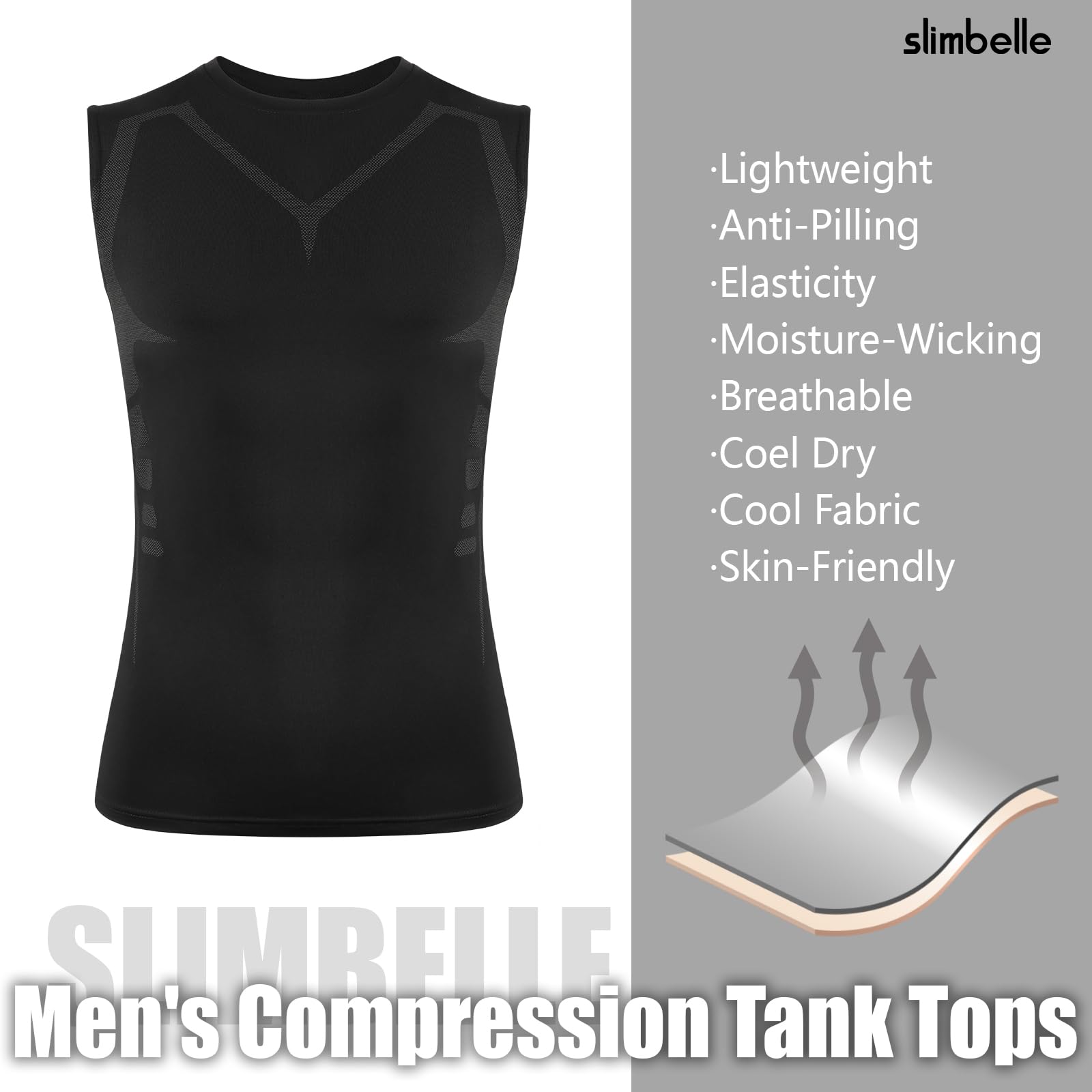SLIMBELLE Pack de 2 camisetas de compresión para hombre, sin mangas, con cuello redondo