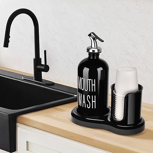Miniatura 6 de Dispensador de enjuague bucal de vidrio con soporte para tazas, juego de enjuague bucal para baño, contenedor de botella recargable de 16 onzas con