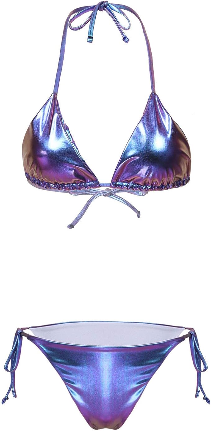 Bikini In Pelle PU Sexy - Top Triangolo E Tanga, Nero, Taglia Unica Regolabile - Foto 9