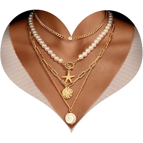 MJartoria Layered Gold Necklaces Stack for Women, Chunky Gold Necklace Dainty Pearl Necklace Starfish Shell Beaded Choker Necklaces Beach Jewelry Gifts