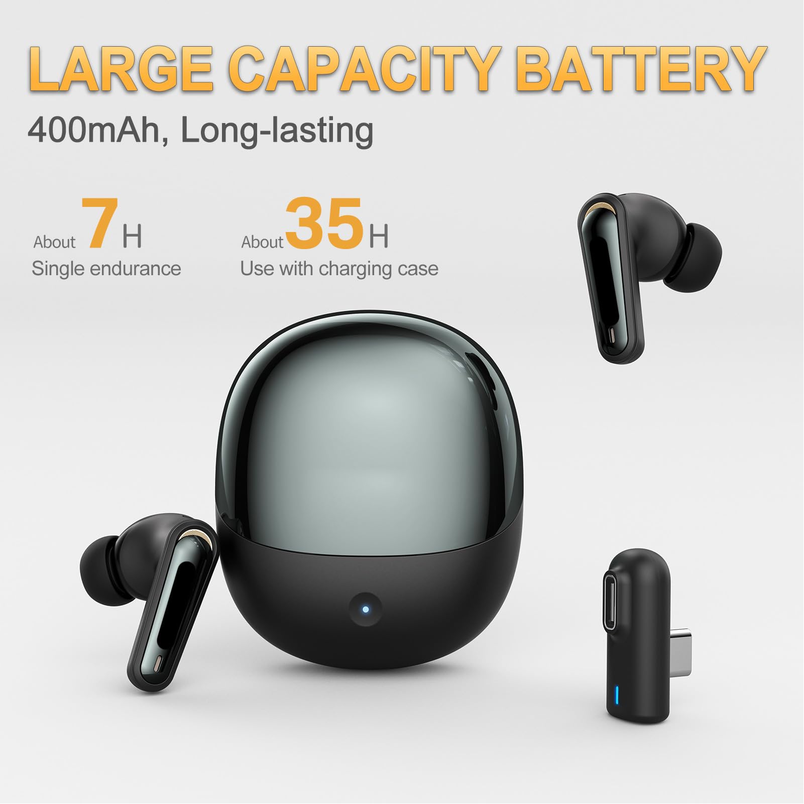 Denash Écouteurs de Jeux sans Fil, Mode Double Bluetooth à Faible Latence 2,4 GHz avec Micro ENC, Dongle USB C pour Tablette Téléphonique PC Console de Jeu PC (Black)