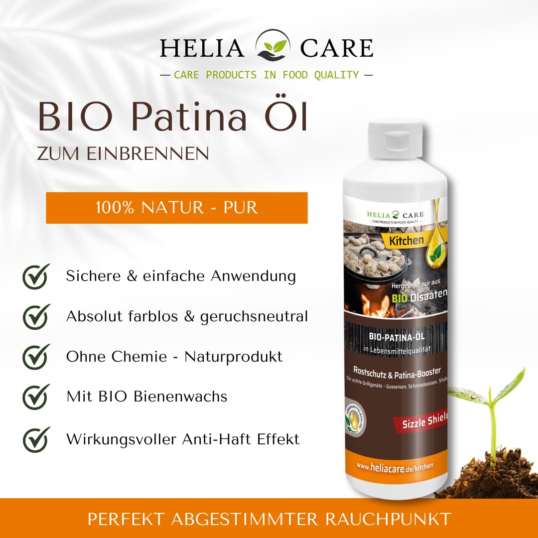 BIO Einbrenn‑ & Patina Öl „Sizzle Shield“ - Nachhaltige Gussrost Pflege - Premium Dutch Oven Zubehör - Patinaöl für Smoker & BBQ - Grill Gusseisen Pflege aus Deutschland (500ml)