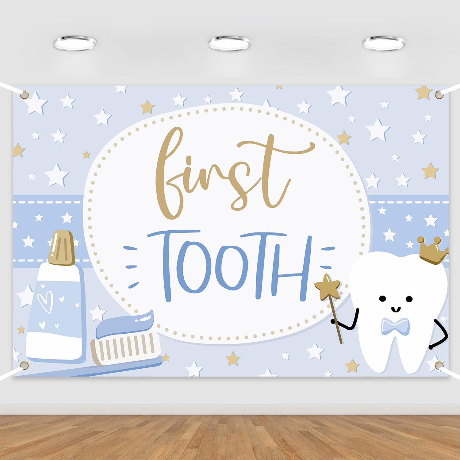 My First Tooth Backdrop Cute Tooth Photography Background Cloth Blue Stars 1st Birthday Tooth Celebration Party for Boys Dentist Teeth Themed Dental