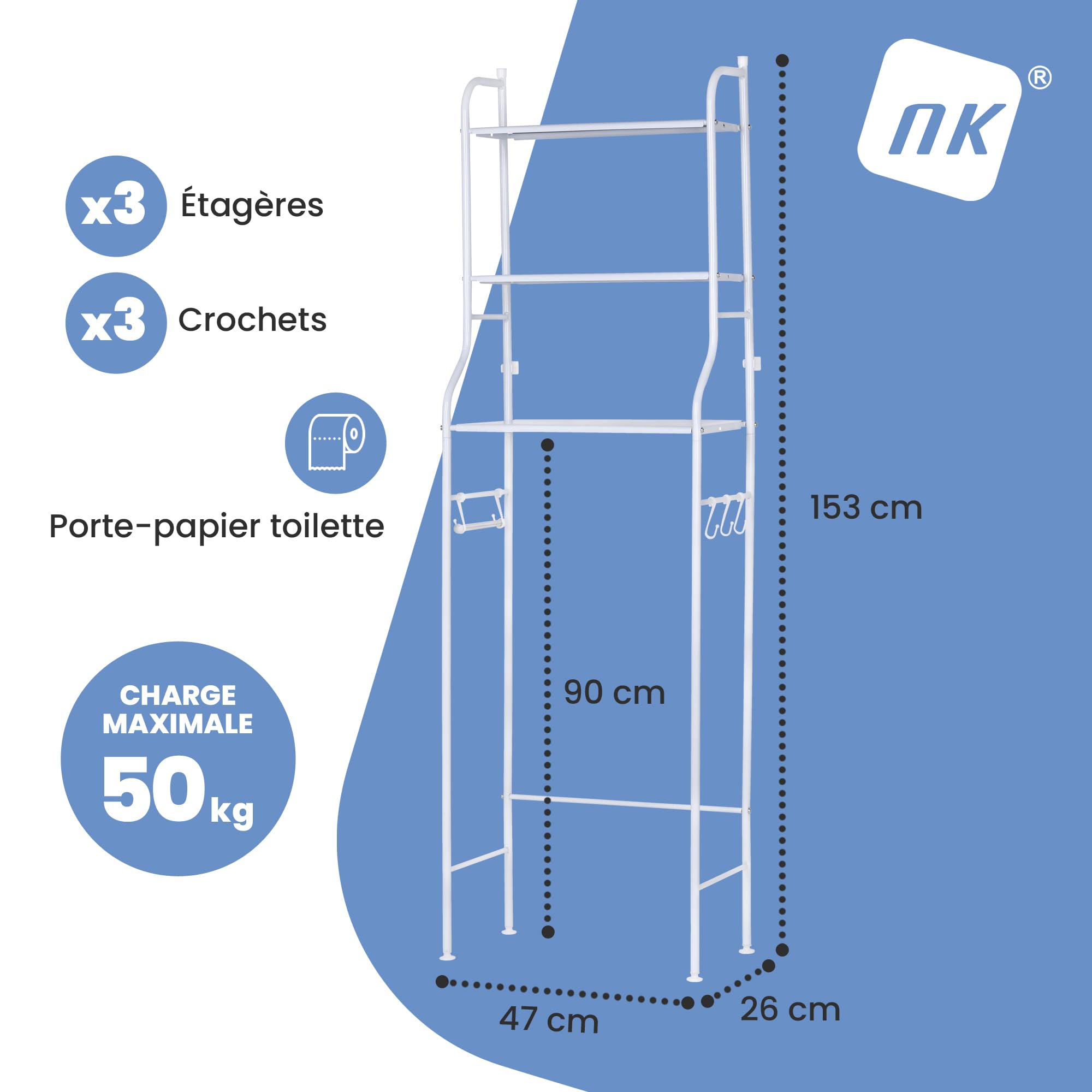 NK Étagère De Salle De Bains Au-Dessus des Toilettes – 153×47×26 Cm, 3 Étagères Hautes, Porte-Rouleau, 3 Crochets, Pieds Antidérapants, Fer + PP, Blanc, Montage Facile