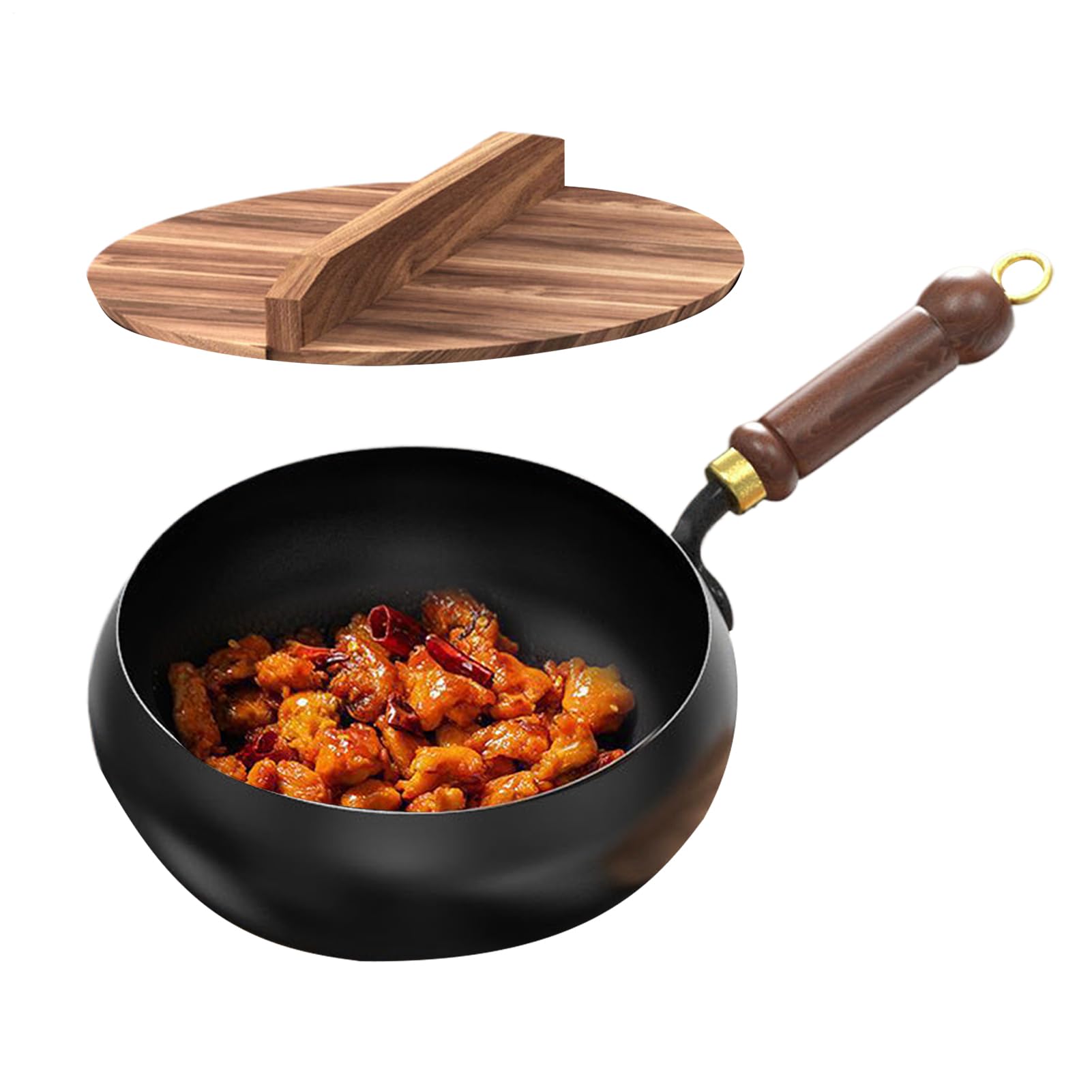 Générique Poêle Fonte, Wok Chinois Fabriqué À La Main En Fonte Avec Couvercle Et Poignée En Bois, Poêle Antiadhésive, Sans Revêtement Pour Cuisinière À Gaz Et À Induction