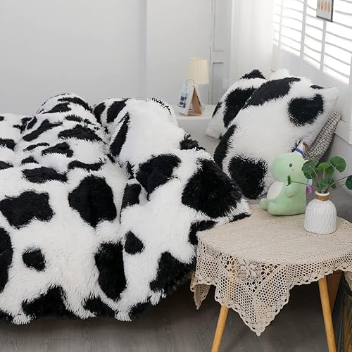 Miniatura 3 de Juego de edredón de piel sintética con estampado de vaca para niños y niñas, juego de cama de 3 piezas, cálido, cómodo, suave, franela de terciopelo