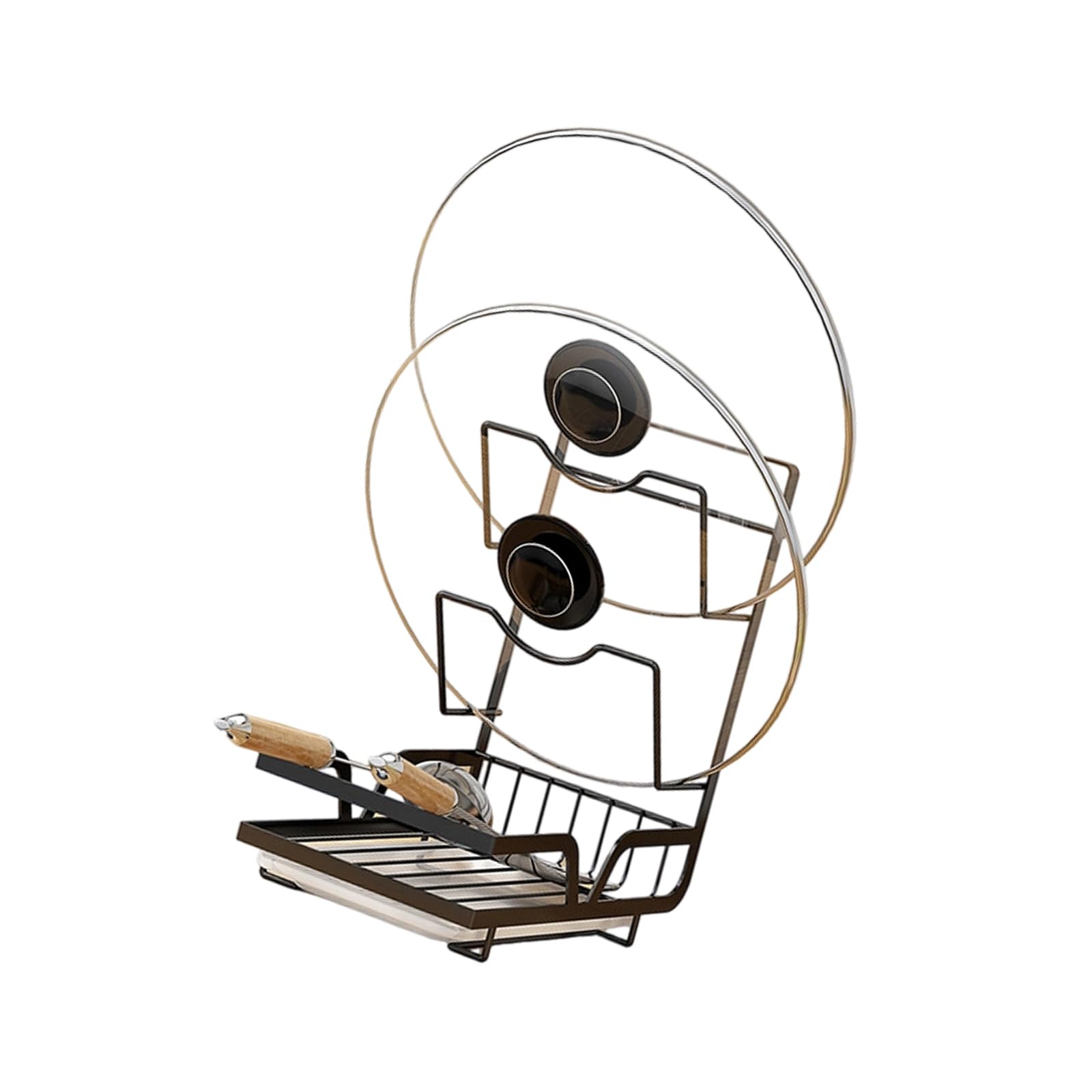 Kitchen Cookware Lid Organizer Rack with Utensil Holder, Metal Countertop or Wall Mount Storage with Tray Shelf Cookware Cover Holder Lid Stand Utensil Rack Spoon Drip Tray Organizer Sink Side Storage