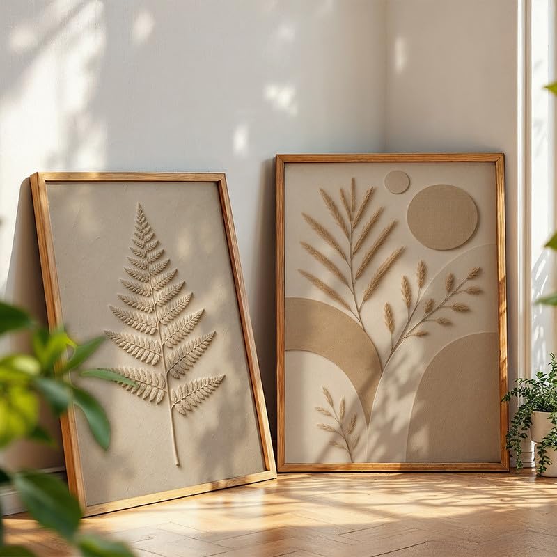 Image of NoWorries Minimal Botanical Wall Painting Set of 2 with Frame | Neutral Beige Fern Leaf & Pampas Grass Abstract Artwork, Soft Nature Wall Decor for Living Room, Bedroom, Office and Home Decoration (Art-6, 13x19inch)