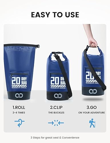 Miniatura 8 de Lamicall Mochila impermeable de 10L Dry Bag - Bolsillo con cremallera Bolsa impermeable con parte superior enrollable, verde oliva y azul marino