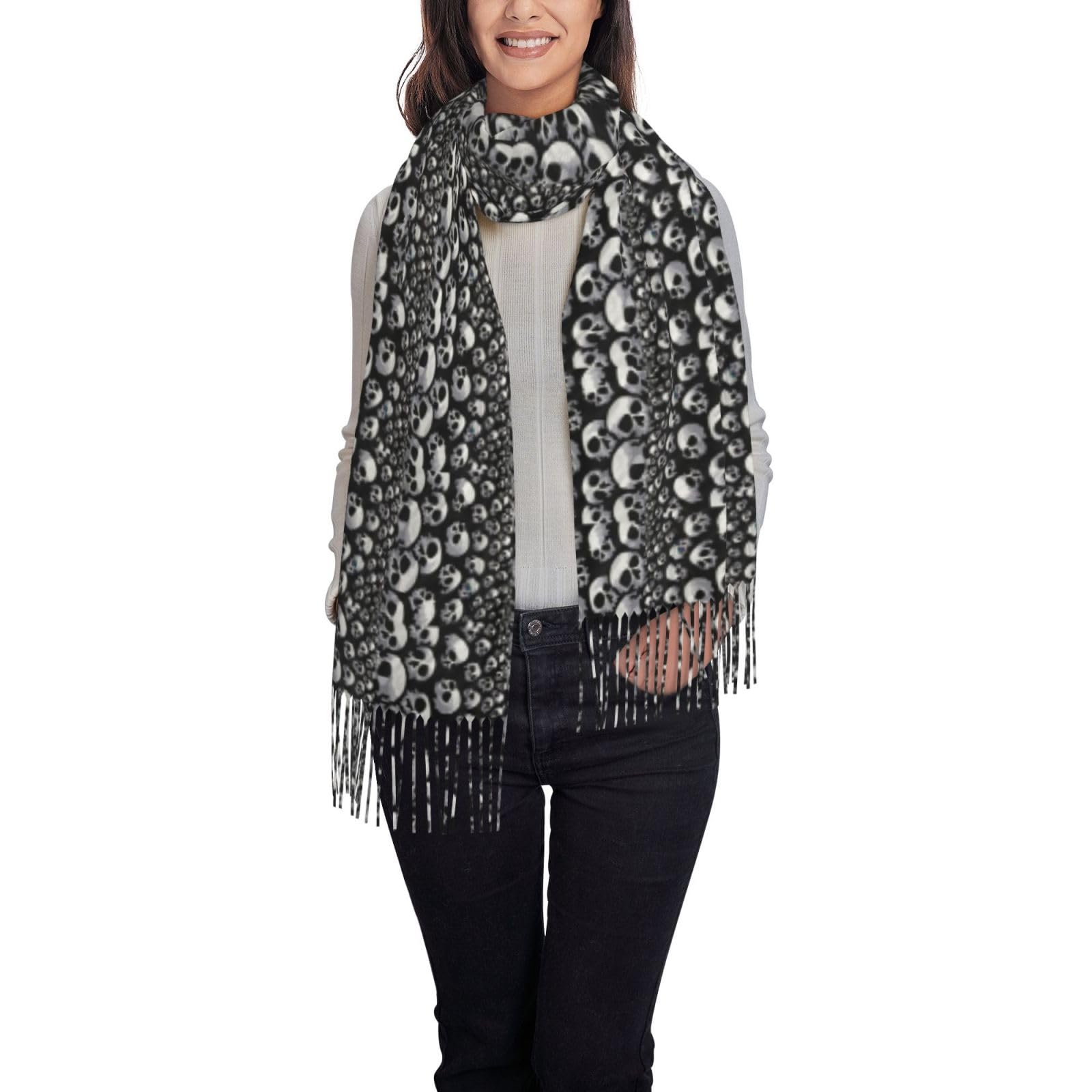 Fifbird Women's Skull Faux Cashmere Long Velvet Scarf, Fringe Scarf, Fall And Winter Warm And Soft Shawl Scarf