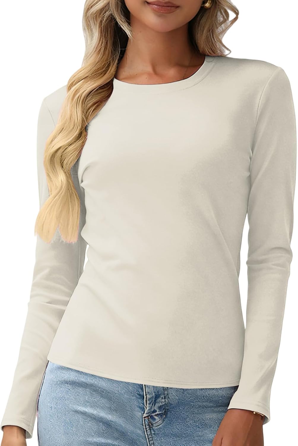 Women's Cotton Long Sleeve T Shirt Slim Fit Crewneck Basic Tee Shirts Tops Casual Soft Layering Undershirts