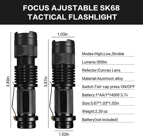 Miniatura 2 de MODOAO Paquete de 6 mini linternas LED 7W 300LM SK-68 3 modos de enfoque ajustable zoomable Q5 LED linterna táctica para camping, senderismo,