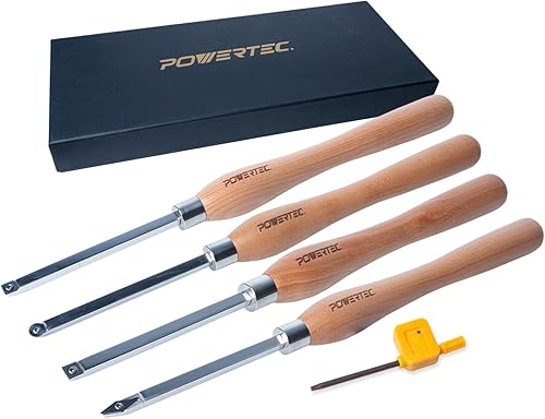 POWERTEC 4 herramientas de torno de carburo para torneado de madera, herramientas de torno de madera con borde de radio cuadrado, borde plano,