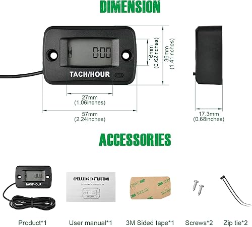 Miniatura 7 de Yooreal HM019R - Medidor digital autoalimentado por hora, horas de mantenimiento, impermeable para montar en césped, tractor, generador, compresor,