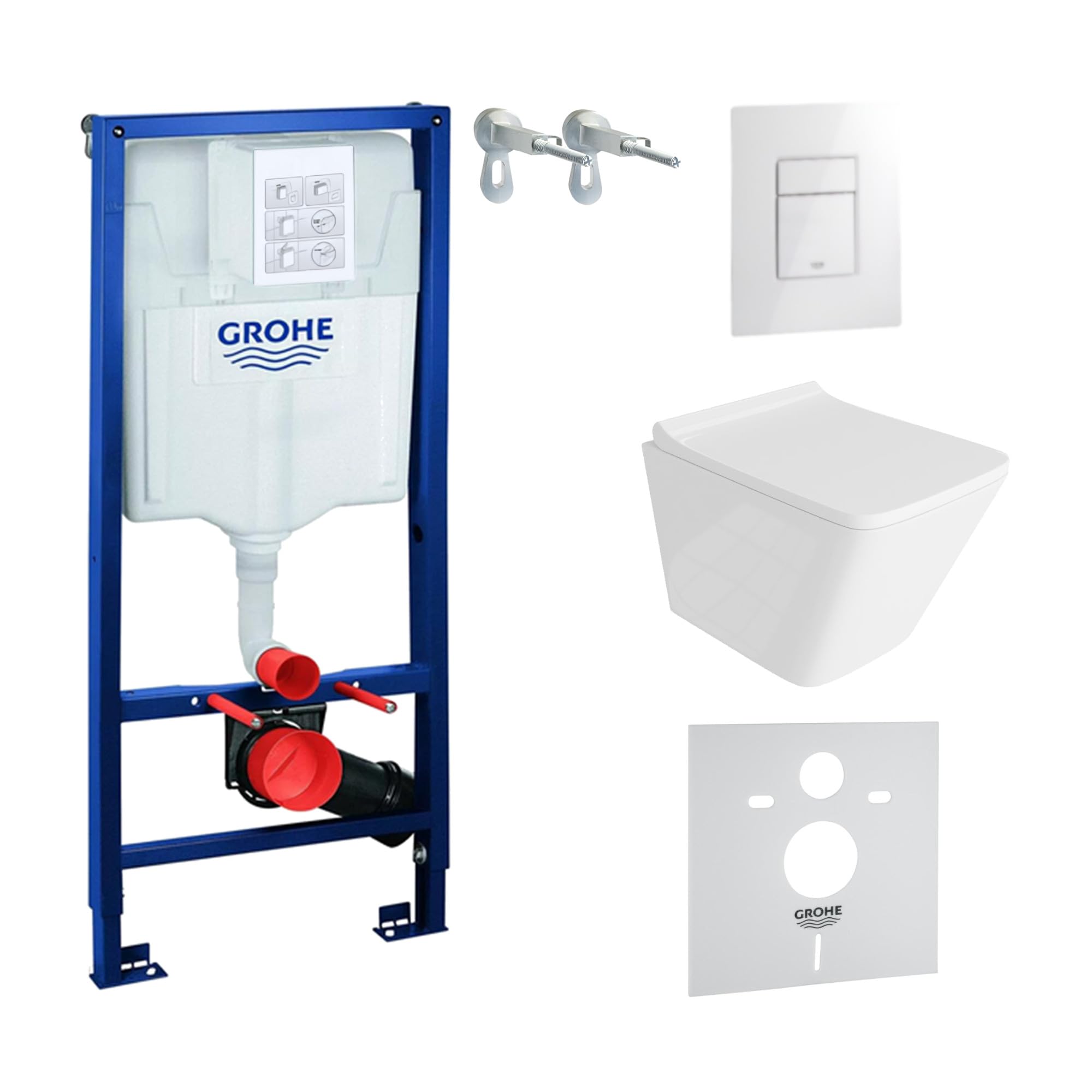 Lavita Vorwandelement Solido + Wand Hänge WC Lago Weiß Spülrandlos + WC Sitz mit Absenkautomatik Glänzend Weiß Knopf Komplettset Unterputz Spülkasten Toilette Komplett Sett WC