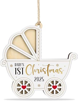 WhatSign Babys First Christmas Ornament 2025 - Wooden Stroller Baby Carriage Christmas Tree Decoration Keepsake for Newborn Boy Girl