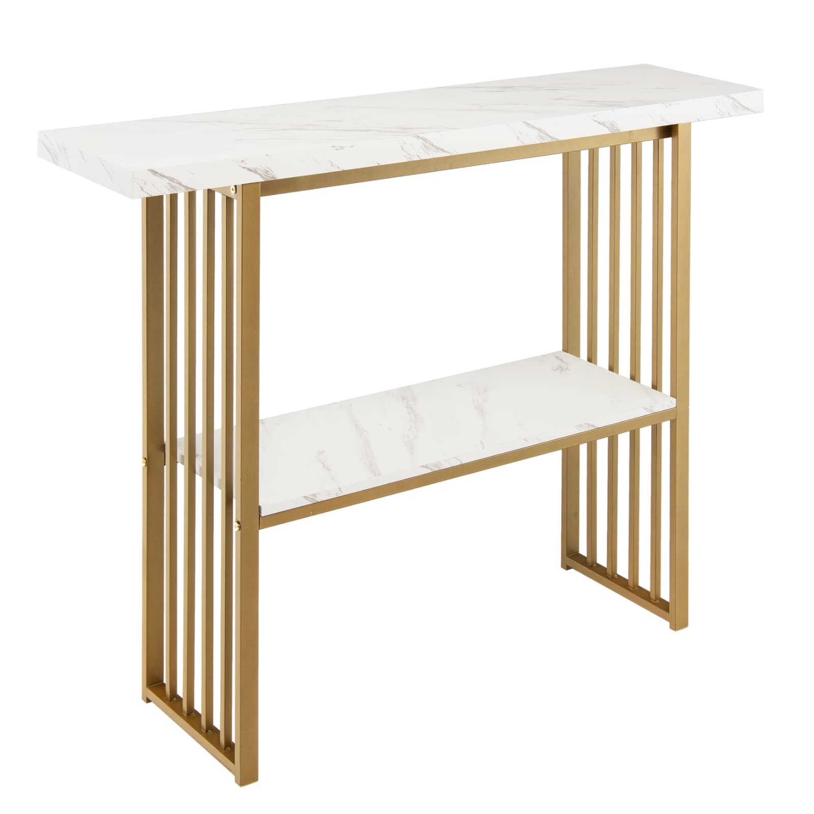 CASART Modern Console Table, Faux Marble Compact Accent Entryway Table, Gold Sofa Side Table Steel Frame Foyer Table for Hallway Living Room Office (White+Gold)