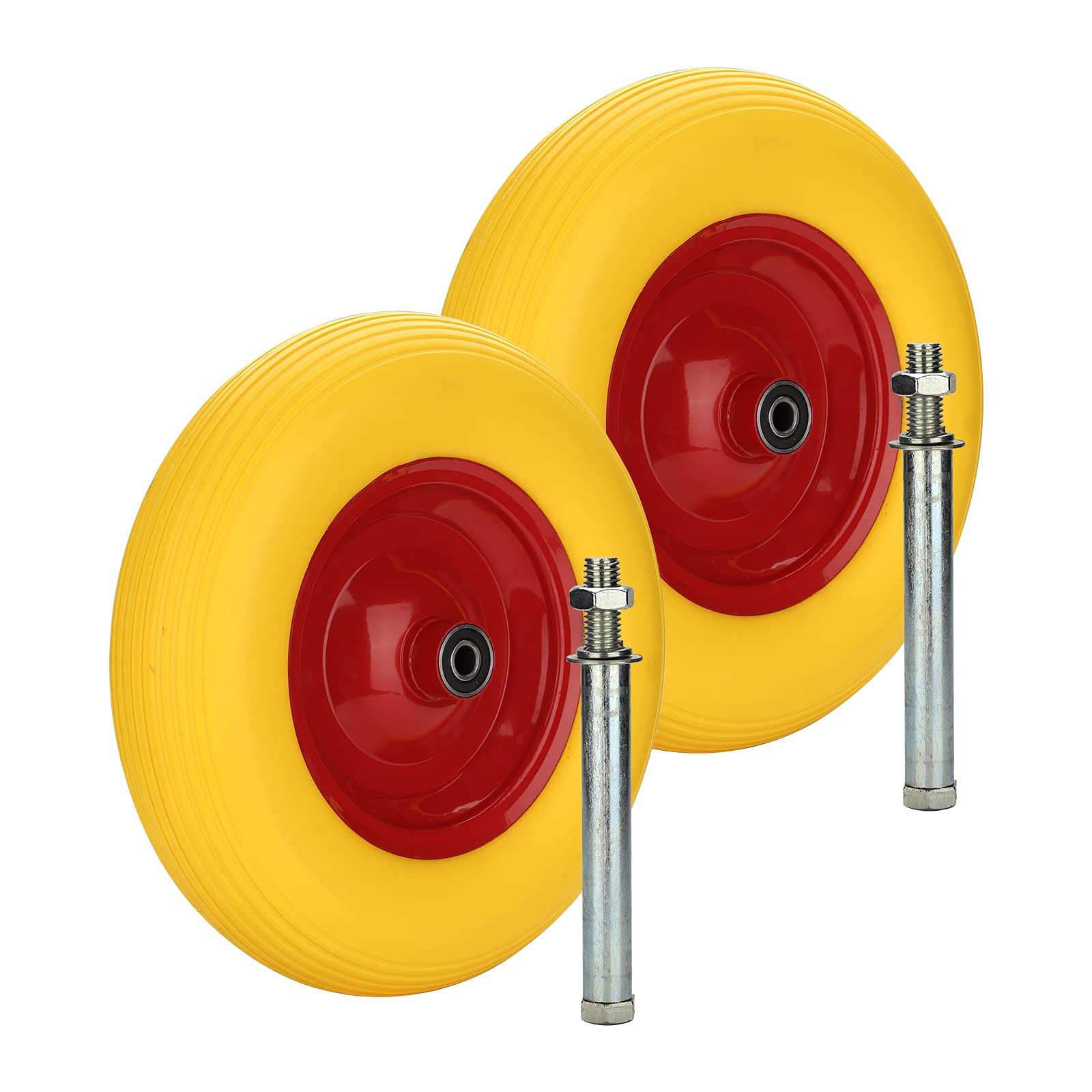 2x Sackkarrenrad PU Schubkarrenrad Vollgummi 4.80/4.00-8 Ø 390mm 200 kg inkl.Pannensichere Vollgummireifen mit Achse, Gelb-Rot