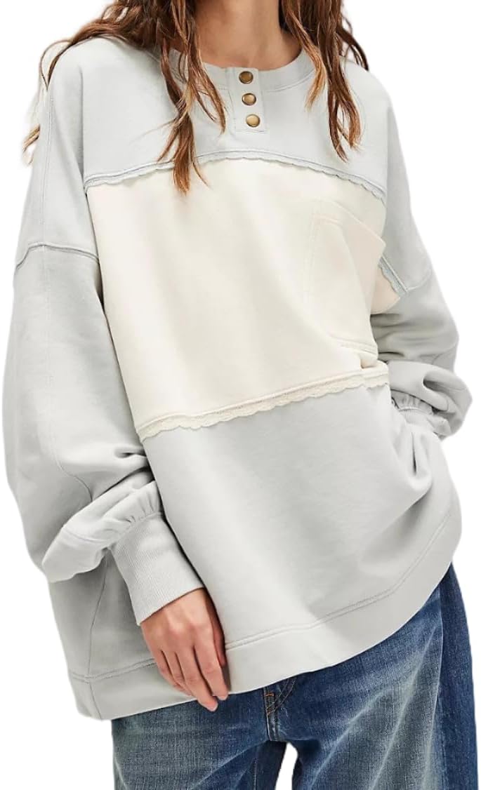 VAOYIU Womens Oversized Colorblock Pullover Sweatshirt Long Sleeve Crewneck with Pocket Casual Vintage Style Top