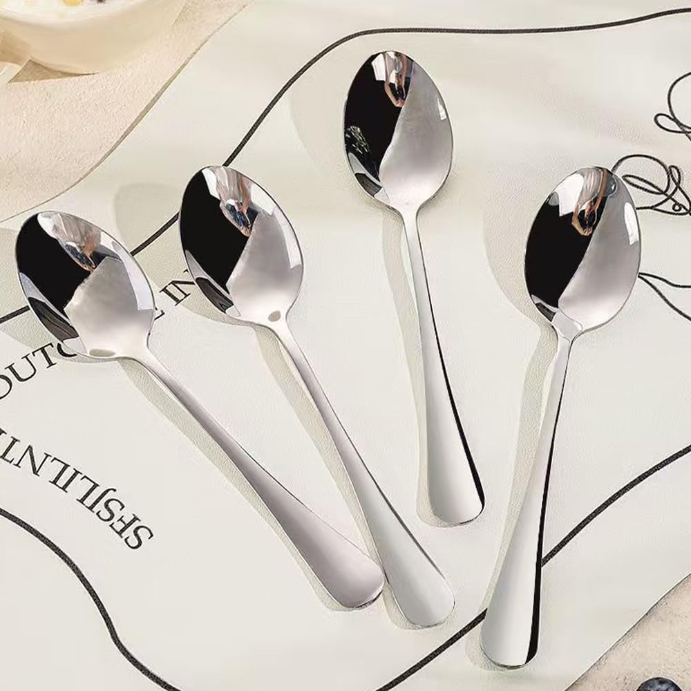 Ouliget Esslöffel-Set aus Edelstahl, langer Griff, Suppenlöffel-Set, asiatische chinesische Suppenlöffel, Edelstahl, dicke, schwere Löffel, Besteck, 4 Stück, Silber