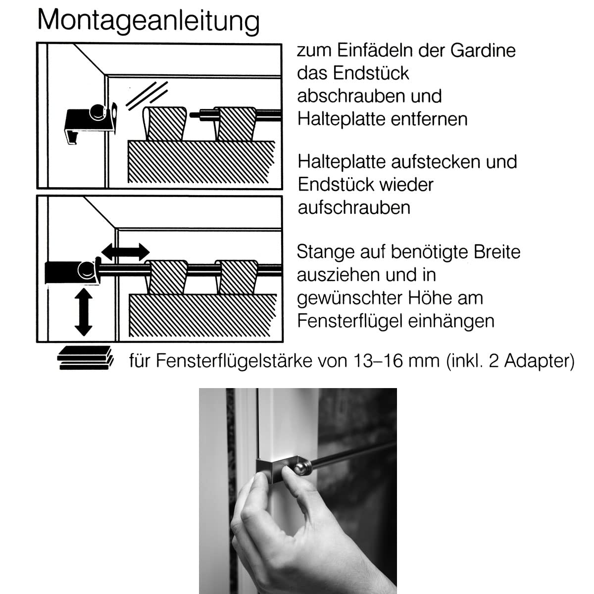 Spannstange Gardinenstange Nenette edelstahlfarben Spannfix-Stange ausziehbar mit Endstück Zylinder Durchmesser 9 mm, Länge 90-130 cm