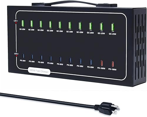 Estación de carga USB de 690 W, estación de carga rápida de 20 puertos para múltiples dispositivos, bloque de cargador USB C PD de 100 W, entrega de