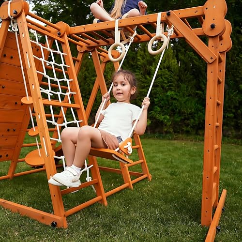 Image of Avenlur 8-in-1 Small Indoor /Outdoor Playset - Foldable Wooden Kids Play Set for Backyard - Kid Playground for Toddlers Age 2-6 with Slide, Monkey Bars, 2 Ladders, 2 Swings, Rock Climbing, Gym Rings
