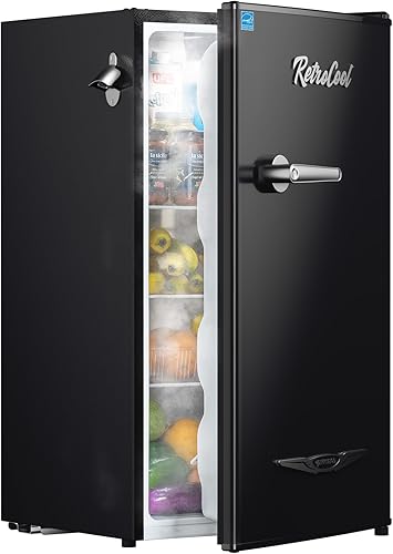 Upstreman Mini refrigerador retro de 3.2 pies cúbicos con abridor de botellas, ahorro de energía, termostato ajustable, mango de metal, lámpara LED,