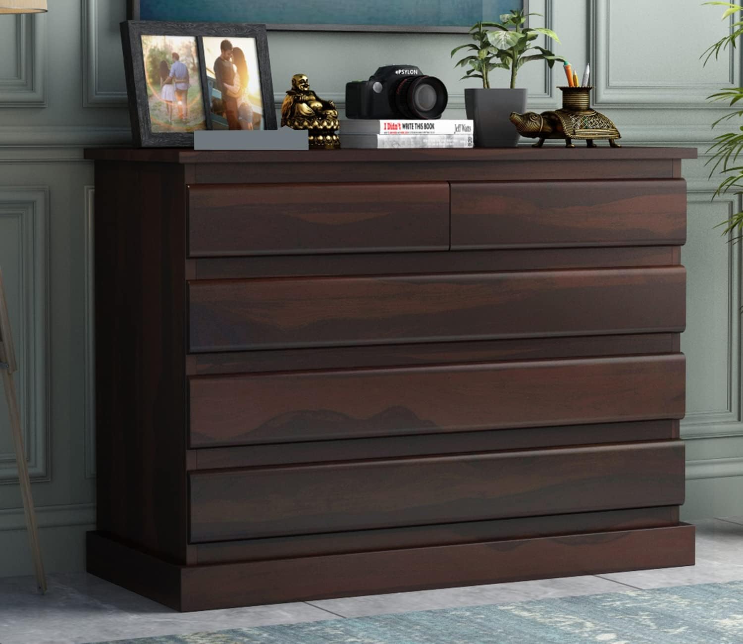 SHRIDEV WOODCRAFT Wooden Chest of Drawers with 5 Spacious Drawers | Premium Engineered Wood Storage Organizer for Bedroom Living Room Office – Dark Finish – 104x46x79 cm-image-42