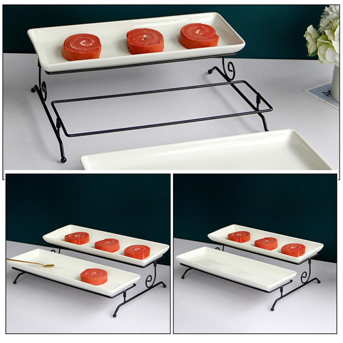 Zerodeko Doppio Alzata per Torta in Ceramica e Ferro, Bianco | Vassoio Rimovibile per Snack e Biscotti, Leggero e Portatile, per Picnic Outdoor e Regalo Housewarming