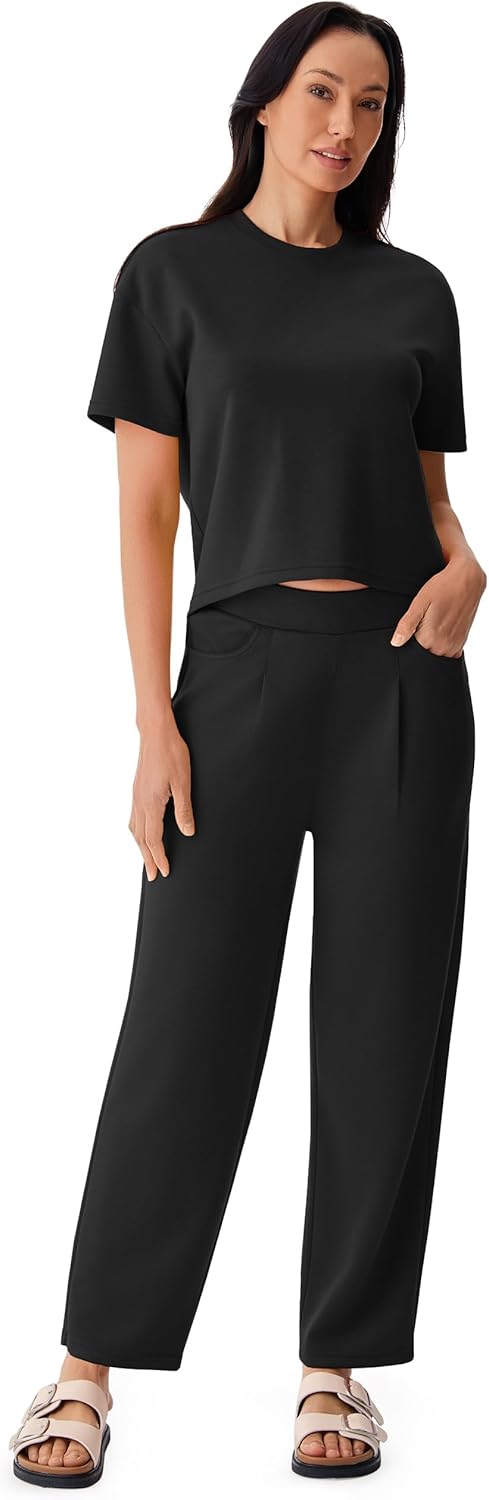 AFITNE Women’s 2 Piece Lounge Set Short Sleeve Top and Wide Leg Pants Vacation Outfits Travel Casual Matching Tracksuits