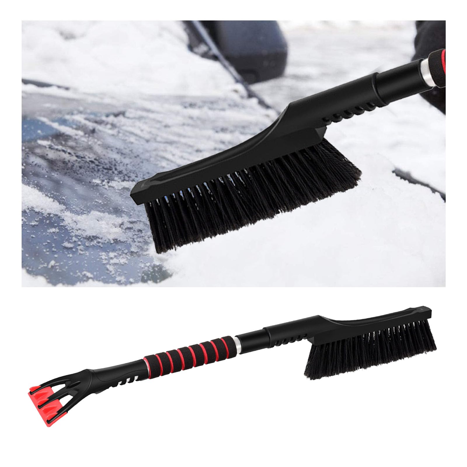 25" snow brush with ice scraper, detachable car windshield scraper with ergonomic foam grip to remove frost and snow, universal winter snow removal accessories for all vehicles (black)