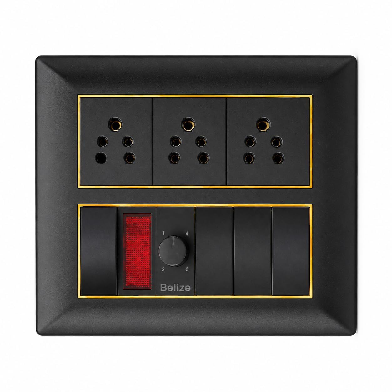 Modular Switch Board Plate with 3 Universal Sockets, 6 Switches, Fan Regulator & Power Indicator, Premium Black Gold Finish Modular Electrical Switch Panel-image-14