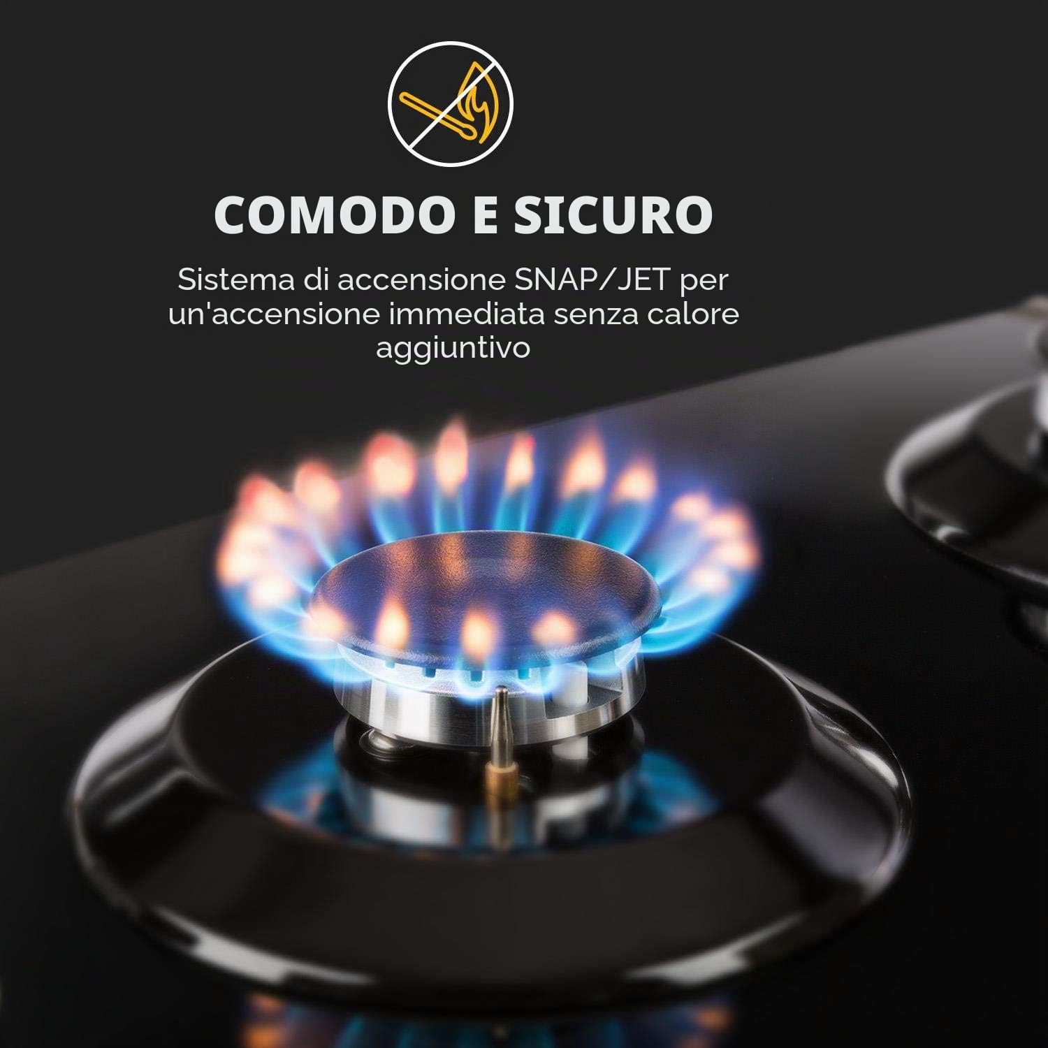 KLARSTEIN Ignito - Piano Cottura a Gas, Piastra da Incasso, Bruciatore Sabaf, Gas Naturale/Gas Propano, Valvole di Sicurezza, Spegnimento Automatico, Acciaio Inox, 5 Fuochi, 75 cm, Nero