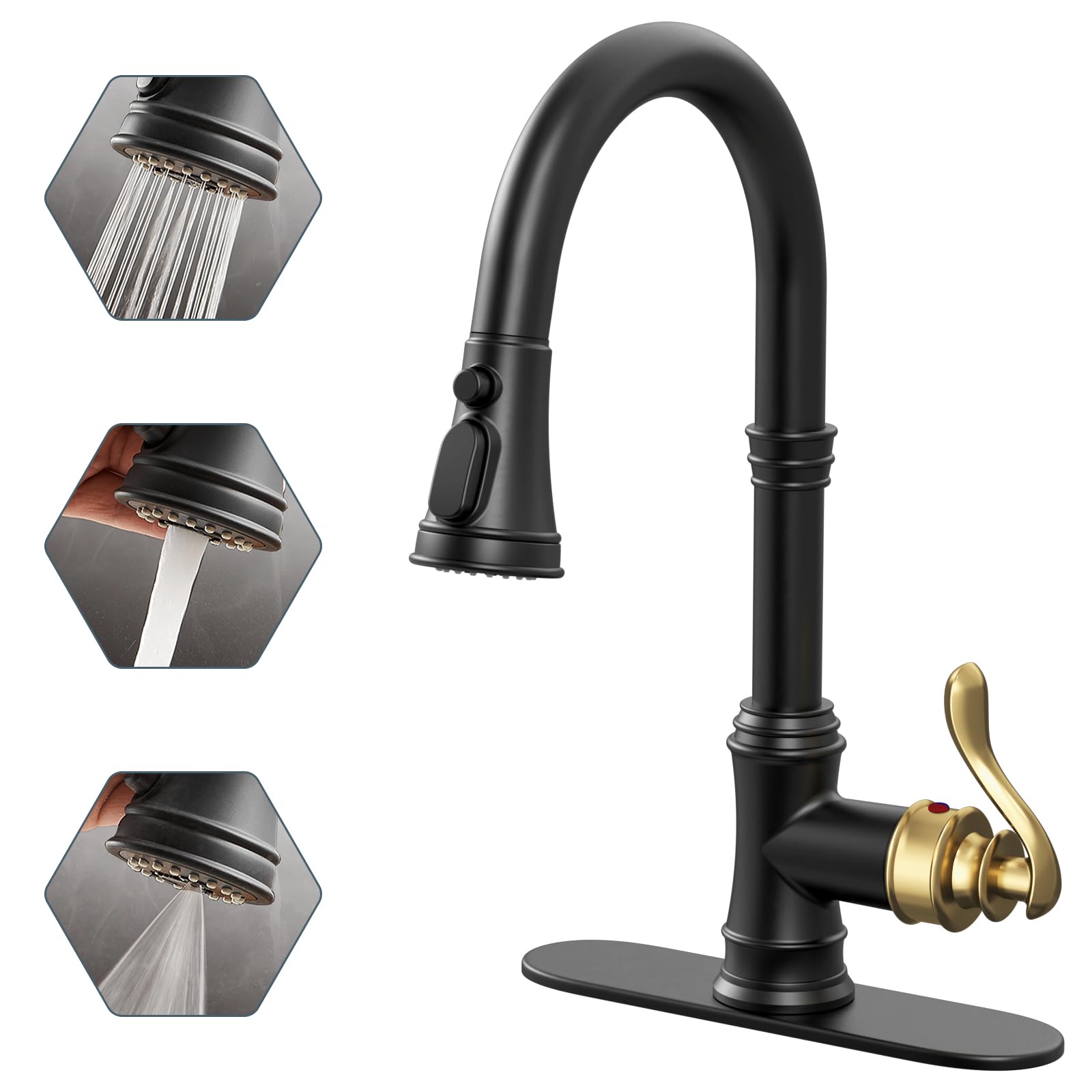 BATHLAVISH Black Gold Kitchen Faucet with Pull Down Sprayer 3 Outlet Mode Farmhouse Single Hole Single Deck Mount Handle Commercial Matt with 10-Inch
