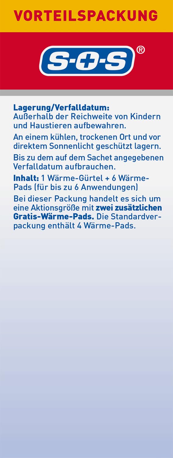 SOS Wärme-Gürtel (1x Wärme-Gürtel + 6 Pads) Rückenwärmer zur Schmerzlinderung bei Rückenschmerzen - wärmender Hüftgürtel für verkrampfte Muskeln & Verspannungen