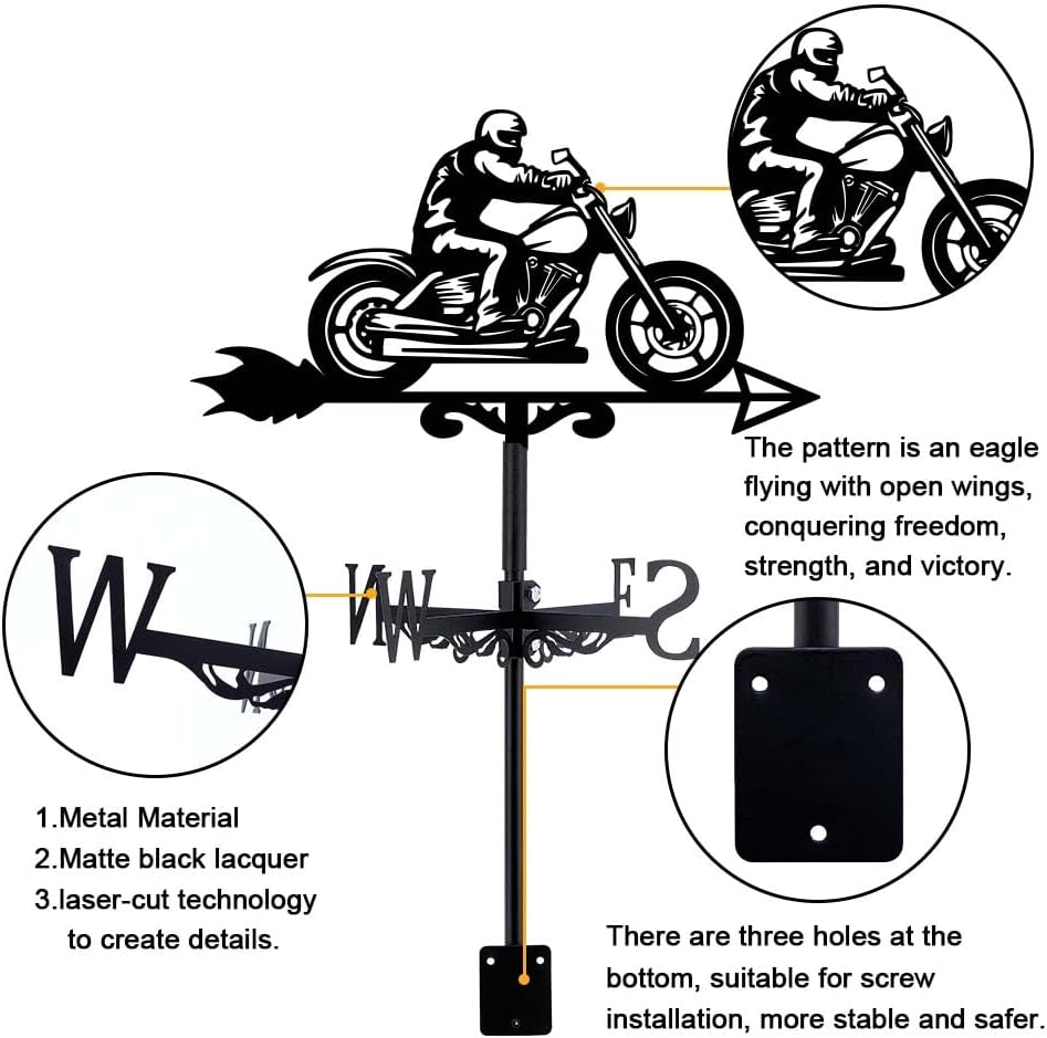 SUPERDANT Motorcycle Man Weather Vane Retro Motorcycle Wind Vanes for Yard Metal Weathervane Roof Mount for Gardens Outside Black Weathervanes Farmhouse Garage Barn Sheds Patio Decorations