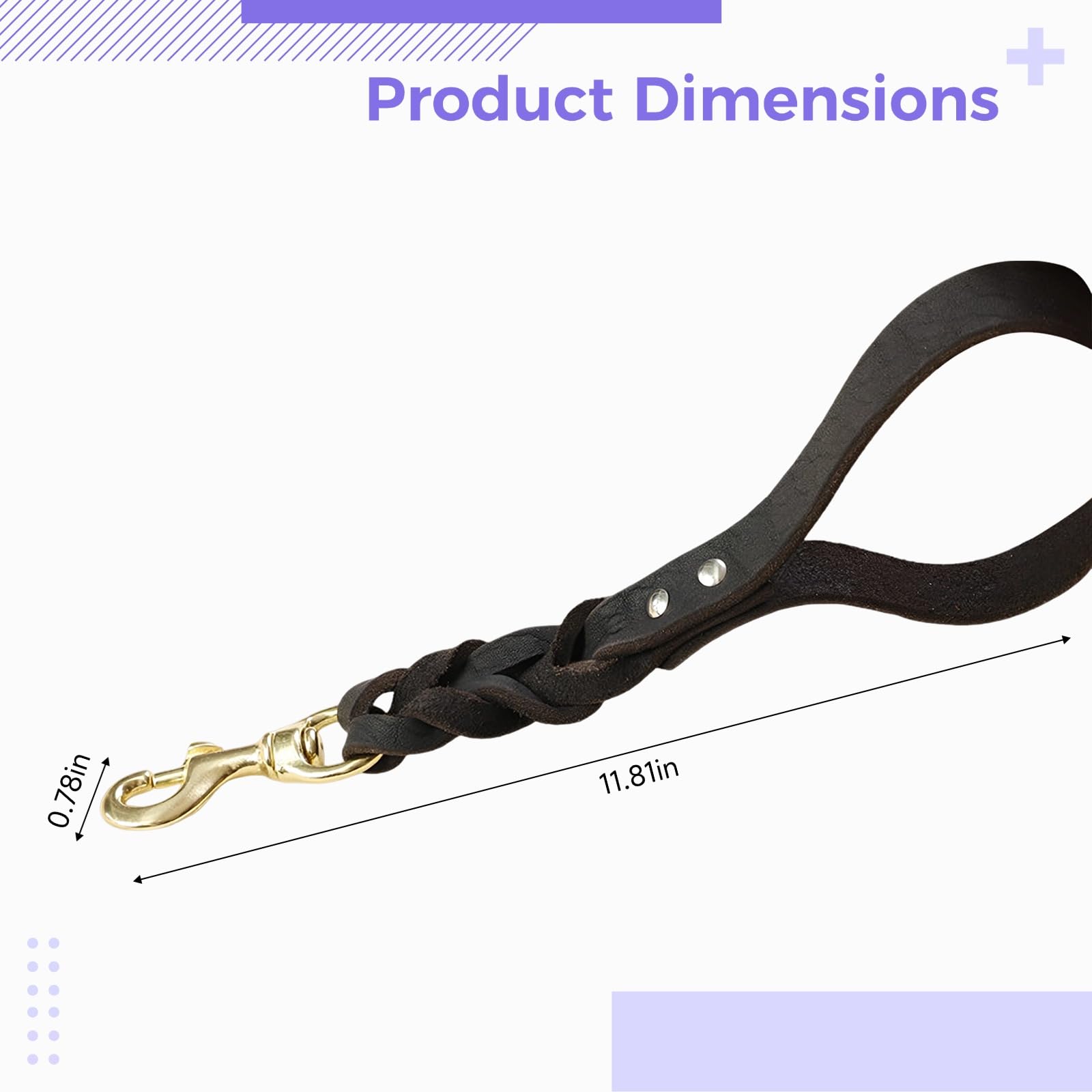 Hundeleine für große Hunde, Kurze 30 cm Leine aus echtem Rindsleder mit handgeflochtenem Griff, Nietenverstärkung, Messing-Schnappverschluss, farbbeständig, Schwarz