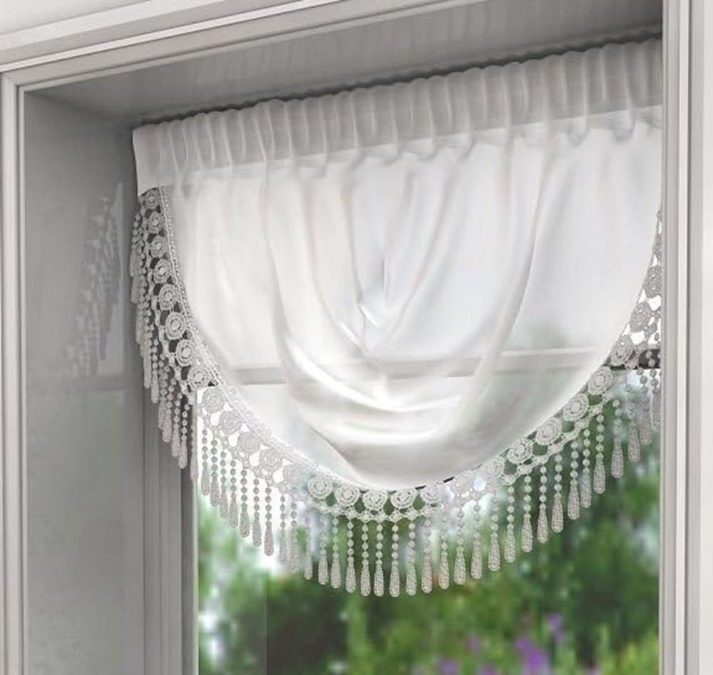 Maple Textiles Elegant Voile Curtain Swag with Macrame Lace Border, Available in White, Beige Latte, Grey Pewter, Decorative Window Treatment (White)